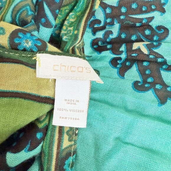 Chicos Peacock Paisley Print Scarf Oblong Eyelash Fringe Summer Spring Turquoise - Picture 9 of 14